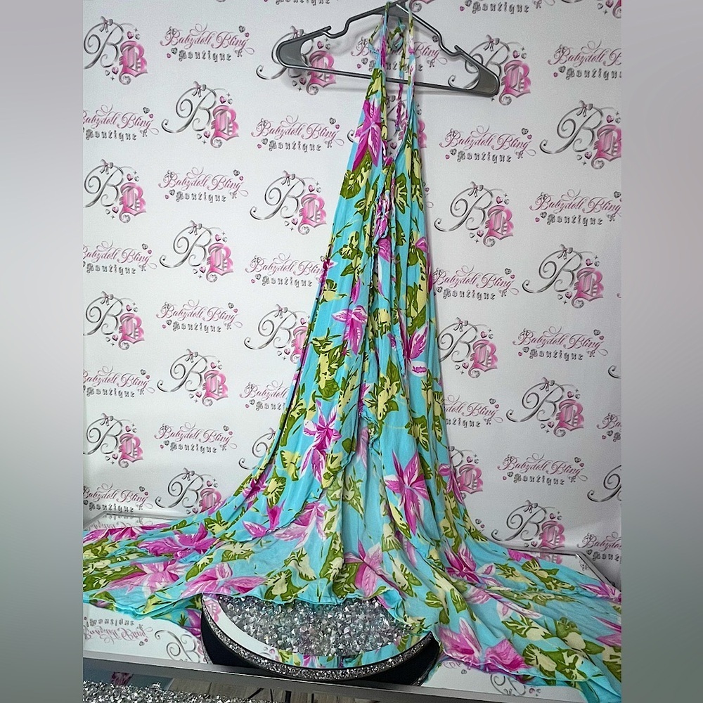 Dress long Floral Maxi Dress in Blue and Pink tropical beach flowy